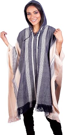 Hodded Beige and Blue Alpaca Poncho for Women, Blue