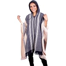 Hodded Beige and Blue Alpaca Poncho for Women, Blue
