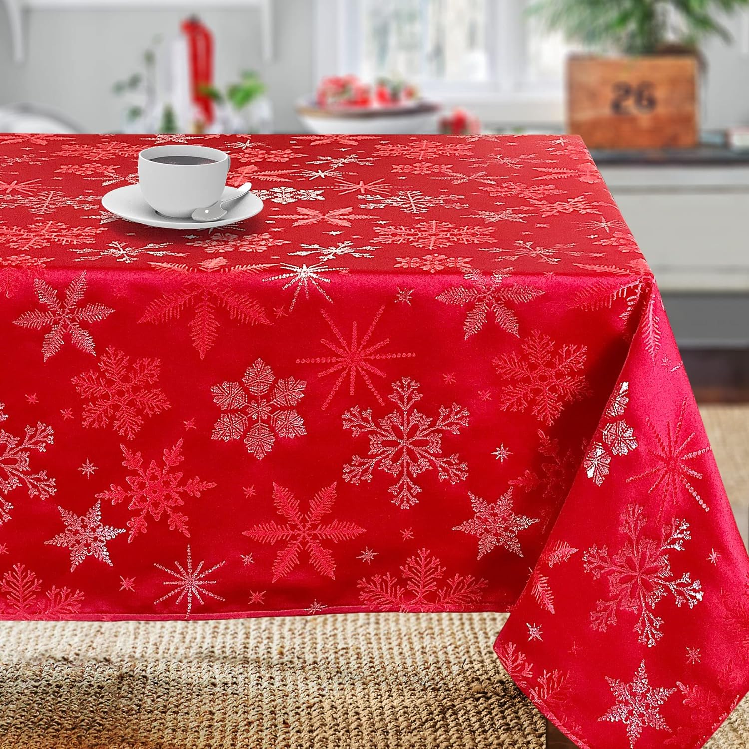 CAIT CHAPMAN HOME COLLECTION Holiday Red Snowflakes Metallic Jacquard Woven Tablecloth (70" x 144" Rectangle)