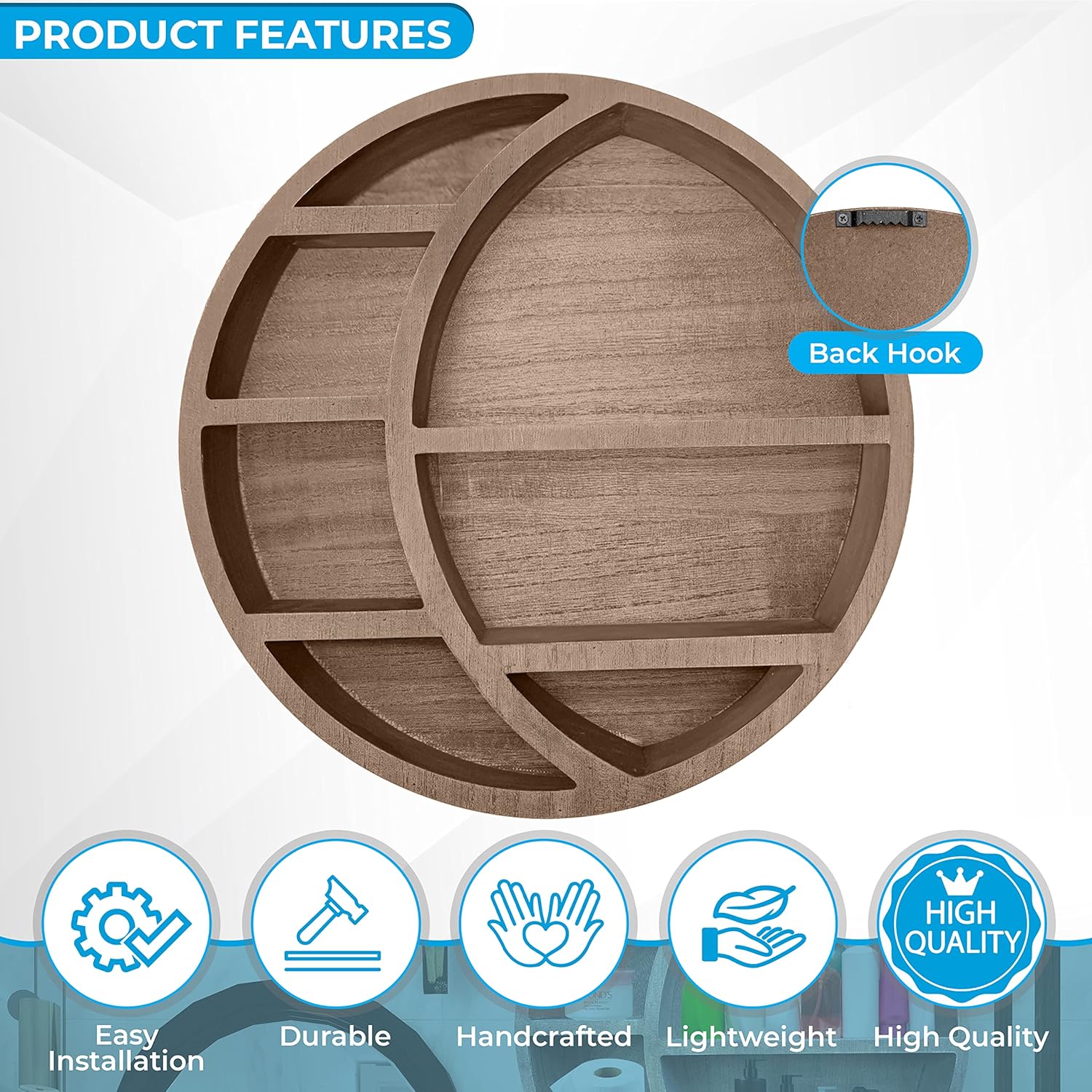 Wooden Floating Moon Shelf Wall Decor - Decorative Boho Home Hanging Display Shelf for Bedroom, Dorm, Nursery - Easy Mount Storage for Crystals and Essential Oils - 14 x 14 x 3.5 (Light Brown)