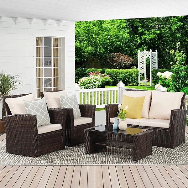 Wisteria Lane 4 Piece Patio Furniture Set, Wicker Outdoor Patio Conversation Furniture Set, All Weather Outdoor Patio Sofa with Cushion and Glass Table, Brown