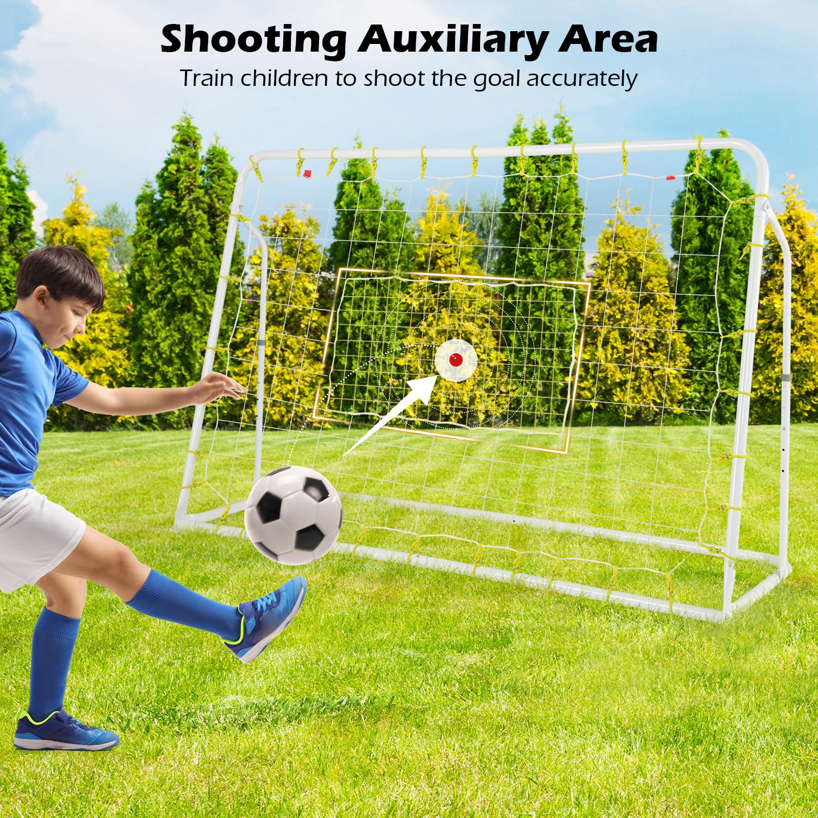 Esta Red de Rebote de fútbol 2 en 1, de 1,8 m x 1,2 m, es un Equipo de Entrenamiento de fútbol con 5 ángulos Ajustables y área Auxiliar de Tiro. Es una portería de fútbol para el entrenamien