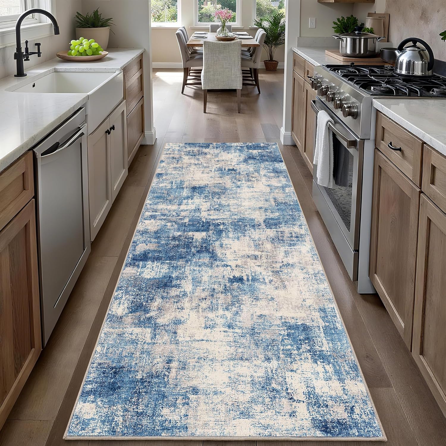 2x6 Modern Abstract Rug Washable Area Rugs for Living Room Bedroom Dining Room Non-Slip Low Pile Neutral Large Rug Soft Indoor Floor Carpet, Blue