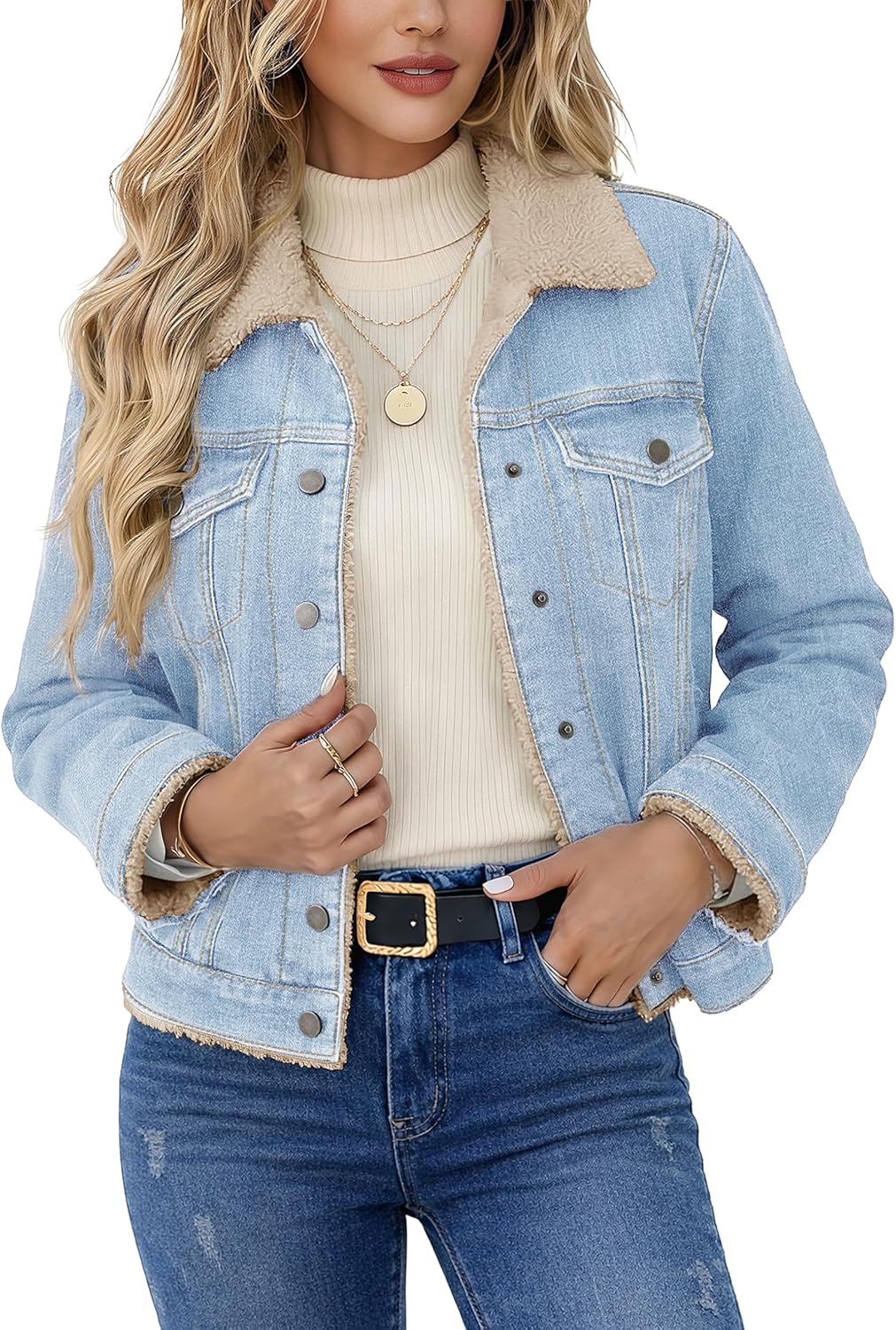 YUCOLEN Women's Denim Jacket Sherpa Lined Fleece Jean Coat Fur Collared Warm Button Down Trucker Jackets with Pockets