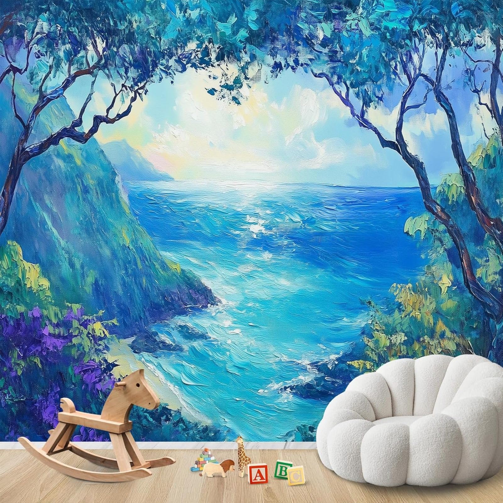 kfjhgbdshhj Photo Wallpaper Sea View Oil Painting Blue Turquoise Coastal Landscape Non-Woven Living Room Bedroom Wall Decoration Motif Wallpaper,300cmx210cm Stickers - Frameless Painting - Poster