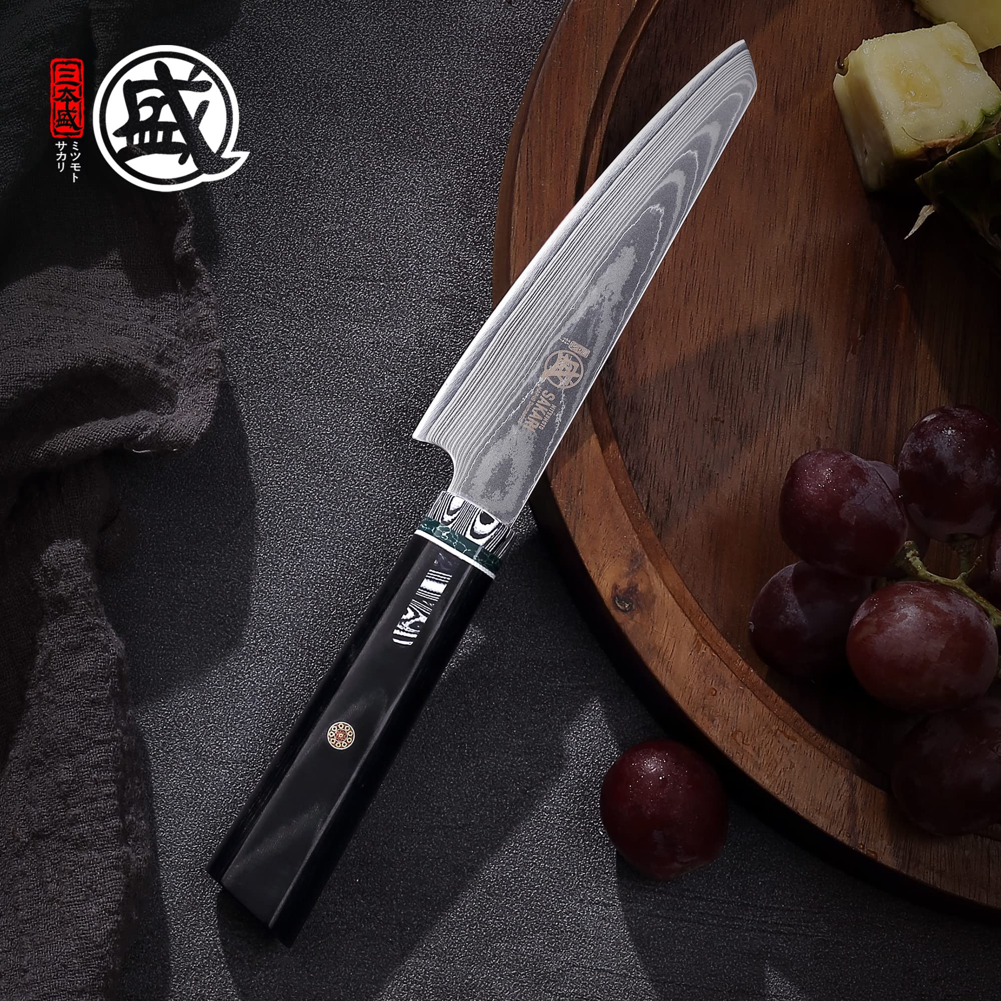 MITSUMOTO SAKARI Coltello Spelucchino da 14 cm in Acciaio in Polvere HAP40 | Coltello da frutta Damasco Forgiato a Mano, Coltelli da Cucina Giapponesi Professionali, Scatola di Legno Boutique