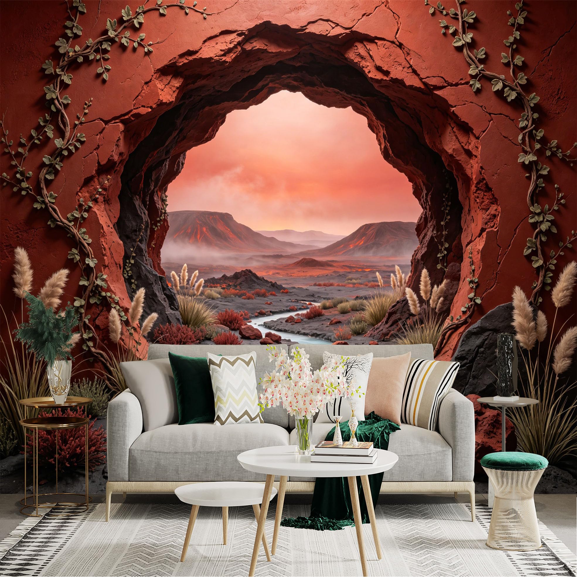 Custom Size Wall Sticker Mural， Red Canyon with River， Desert Landscape and Sunset Sky， for wall Decoration， peelandstick wall Decals.