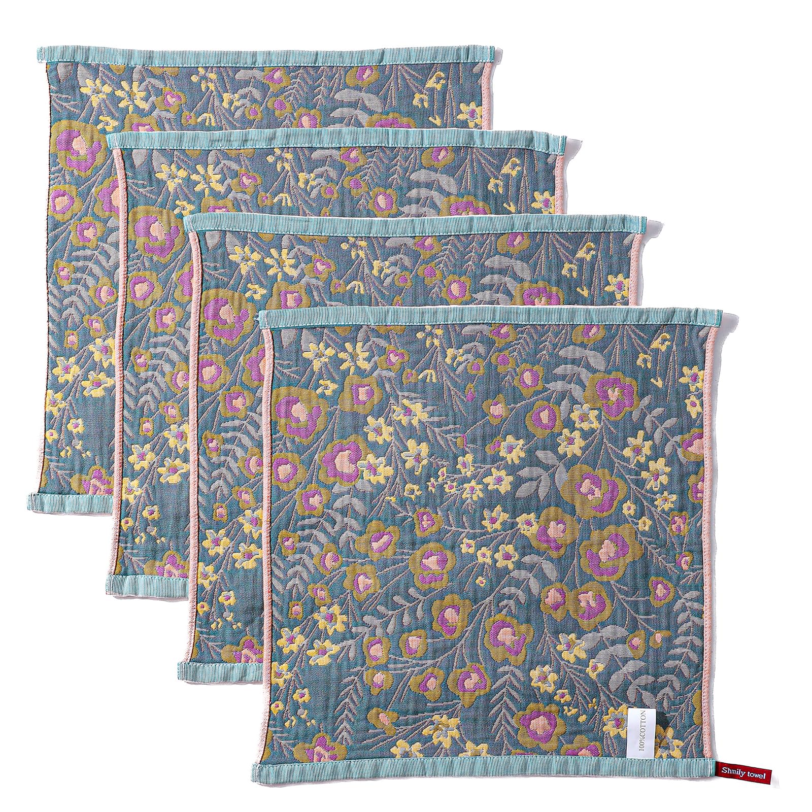 HOORDRY Tea Towels for Kitchen Pack of 4,100% Cotton Hand Towels & Dish Towels with Hanging Loop, Super Absorbent Decorative Dish Cloth with Flower Patterns, 41x38CM (16x15In) - Grey/Orange