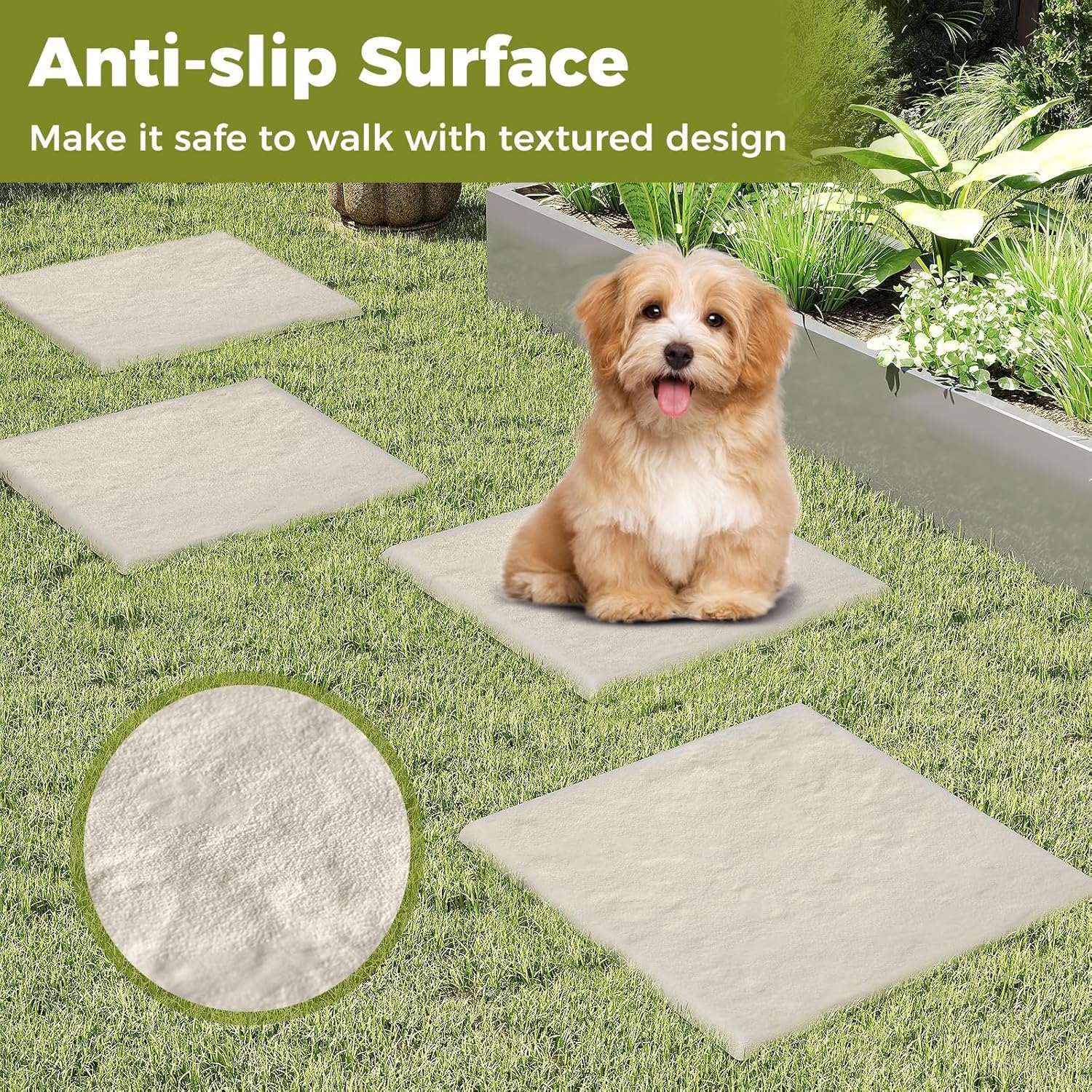 LIFEZEAL 8 Pezzi Pietre da Giardino con 4 Picchetti, Piastrelle per Esterno 39,5 x 39,5 cm, Pietre Decorative in PP Resistente per Passerelle da Giardino e Passeggiate Esterne (Beige)