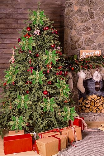 Miniatura 3 de Briful Juego de 4 flores de Pascua con purpurina de 12 pulgadas, flores artificiales con tallos largos para fiesta de árbol de Navidad, decoración