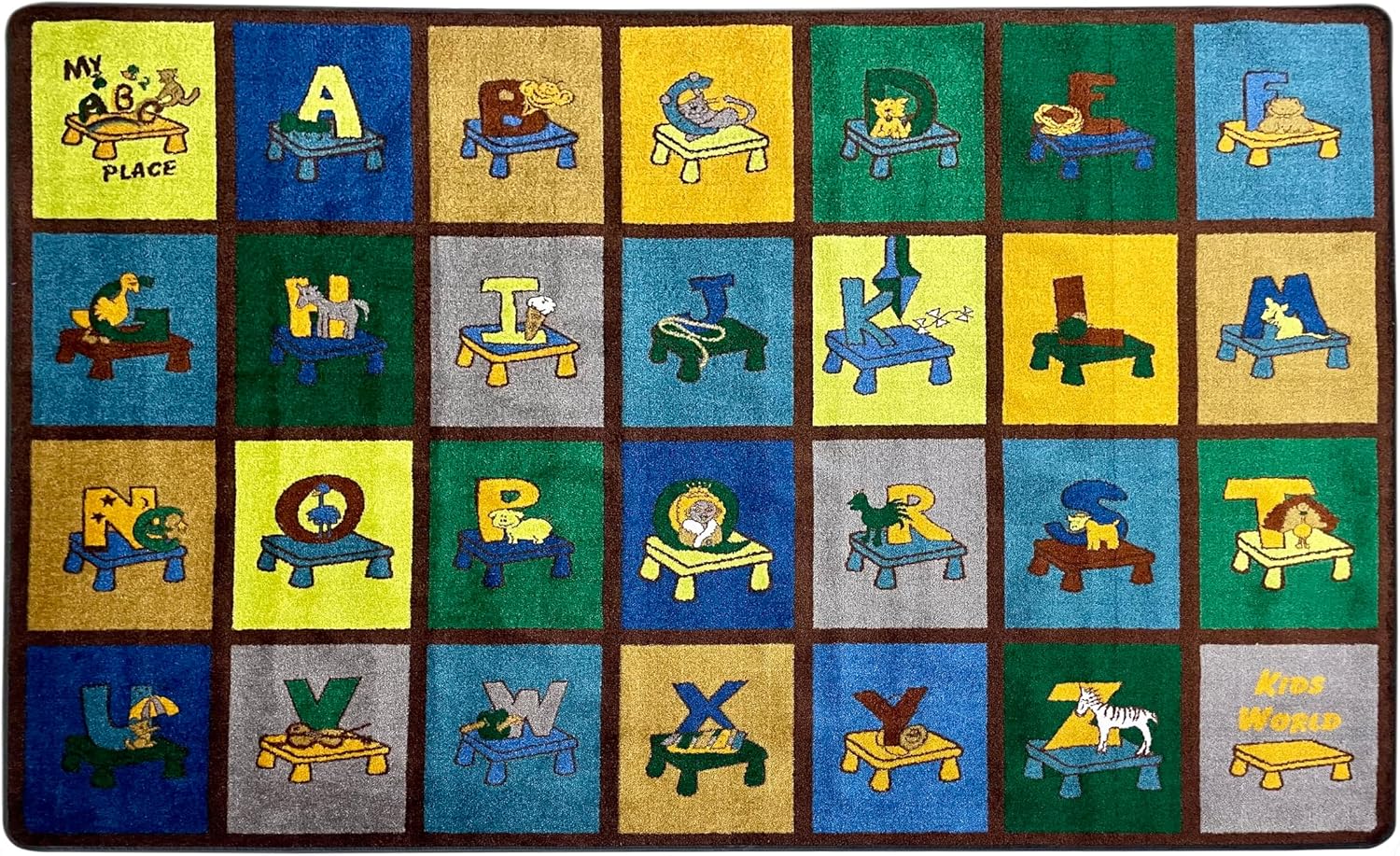 SAFECASTLE My ABC Place Earth Tone Alphabet Rug for Kids, 6'6" x 8'4", Educational Classroom Kids Carpet with Letters & Animals, Preschool Learning Area Rug for Daycare, Homeschool & Playroom