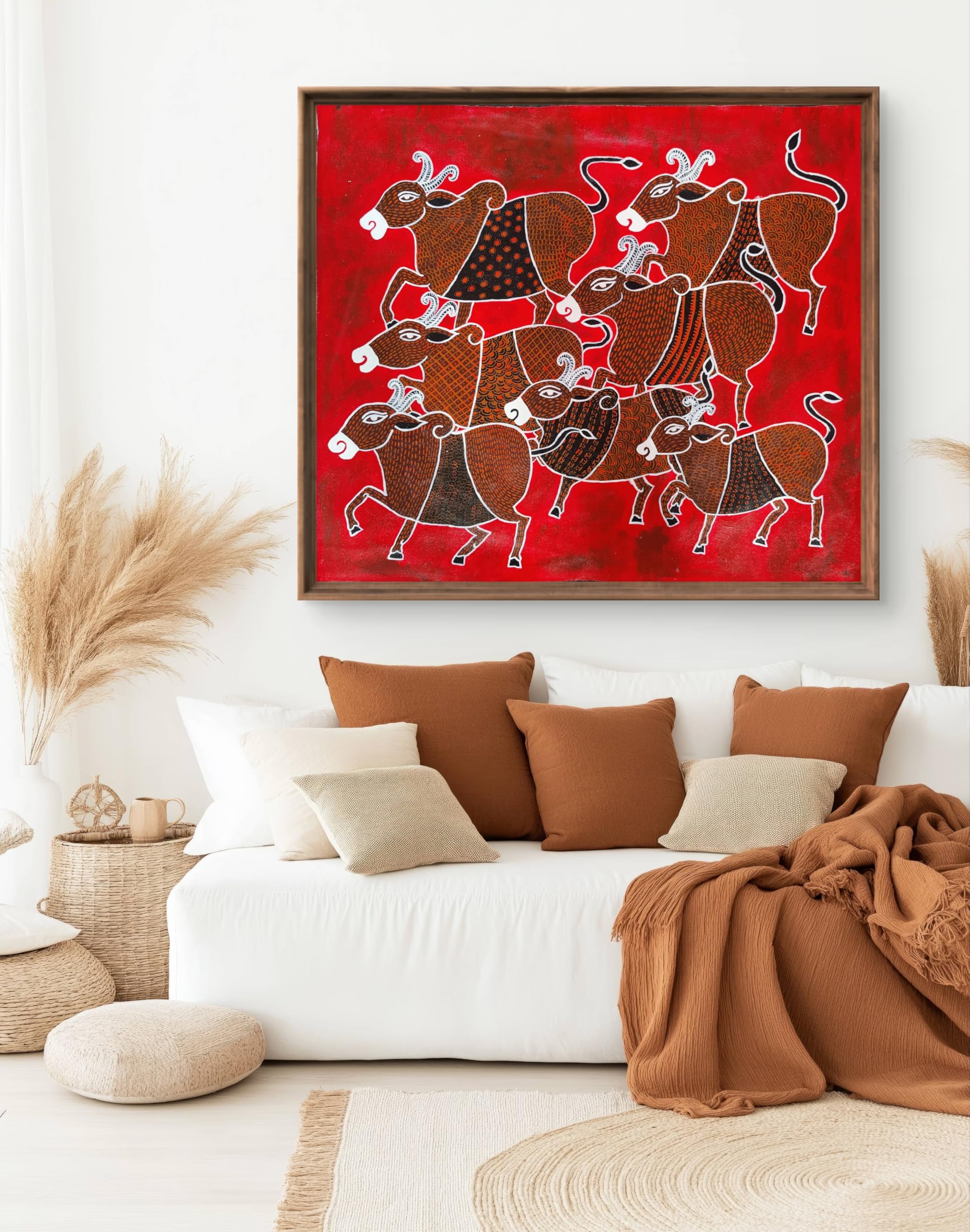 BHARAT ART BAZAAR | Vibrant Gond Art Painting - Running Cattle on Fiery Red Background | Traditional Tribal Artwork | Handcrafted Home D�cor Wall Art (Handmade Artwork) | 24"x28"-image-25
