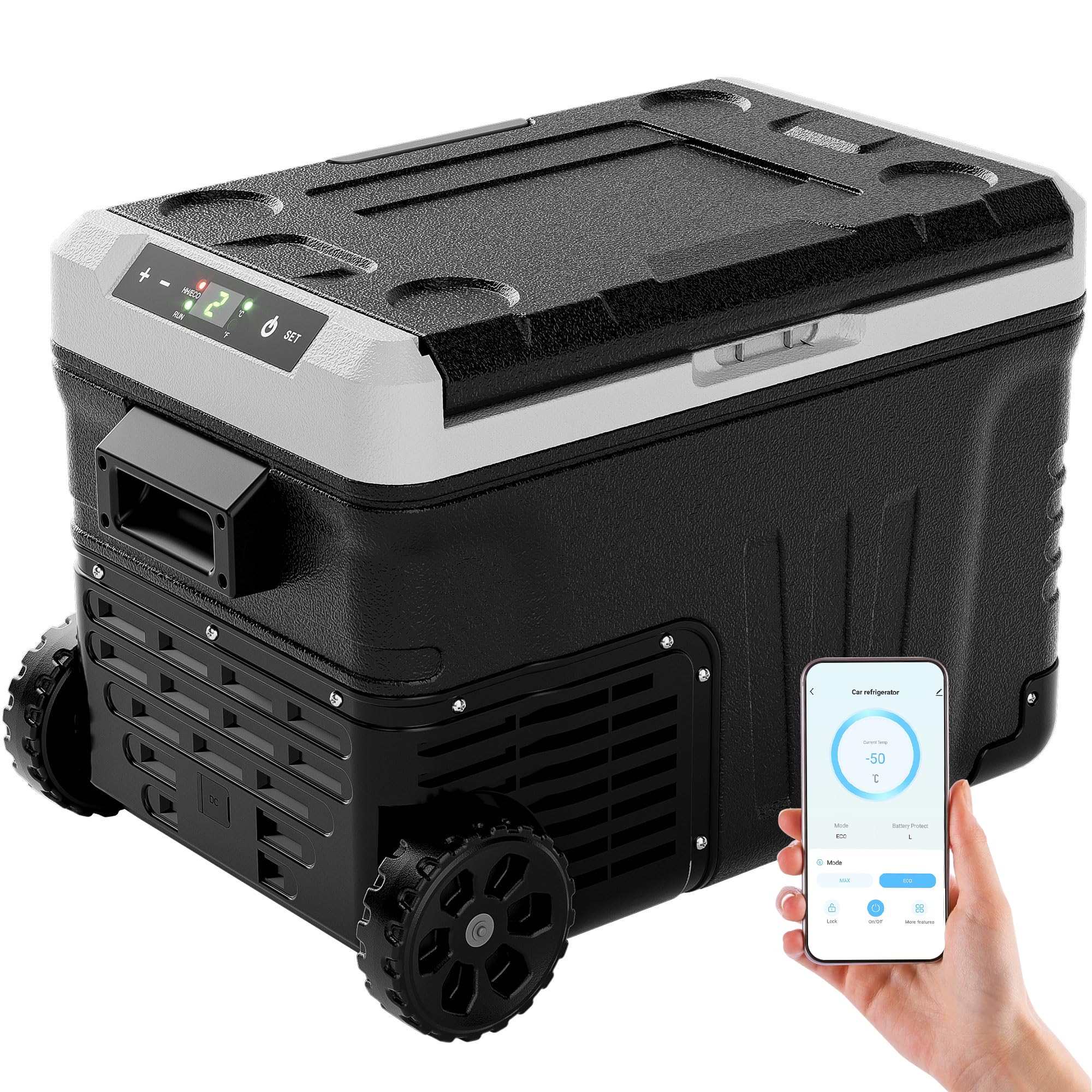 Refrigerador portátil para coche con refrigeración por compresor, control de aplicación inteligente, doble alimentación CA/CC, ruedas y cestas, ideal para viajes, camping, RV, camión, SUV, barco