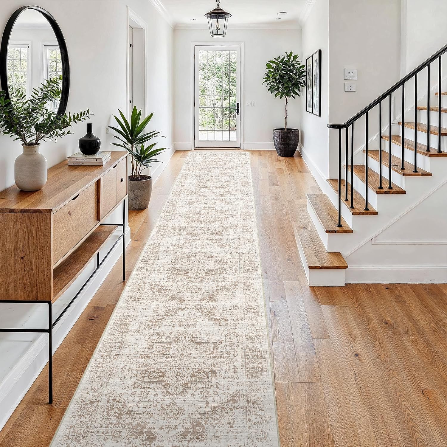 hallway 3x20 runner rug - non-slip vintage long rug for entryway low-pile washable medallion runner rugs for hallway waterproof traditional runner rug indoor thin rug for kitchen (ivory/beige) ivory/beige 3x20