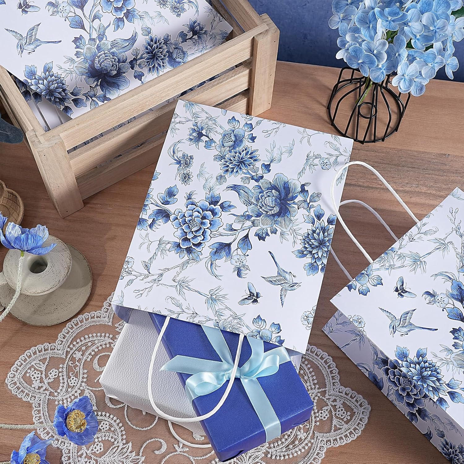 Loveinside Blue and White Flower Paper Gift Bag, Vintage Floral Deisgn with Handles Grocery Shopping Bags Candy Goodie Bags for Birthday, Wedding, Spring, Mother's Day, 8" x 4" x 10", 12 Pcs - Image 5