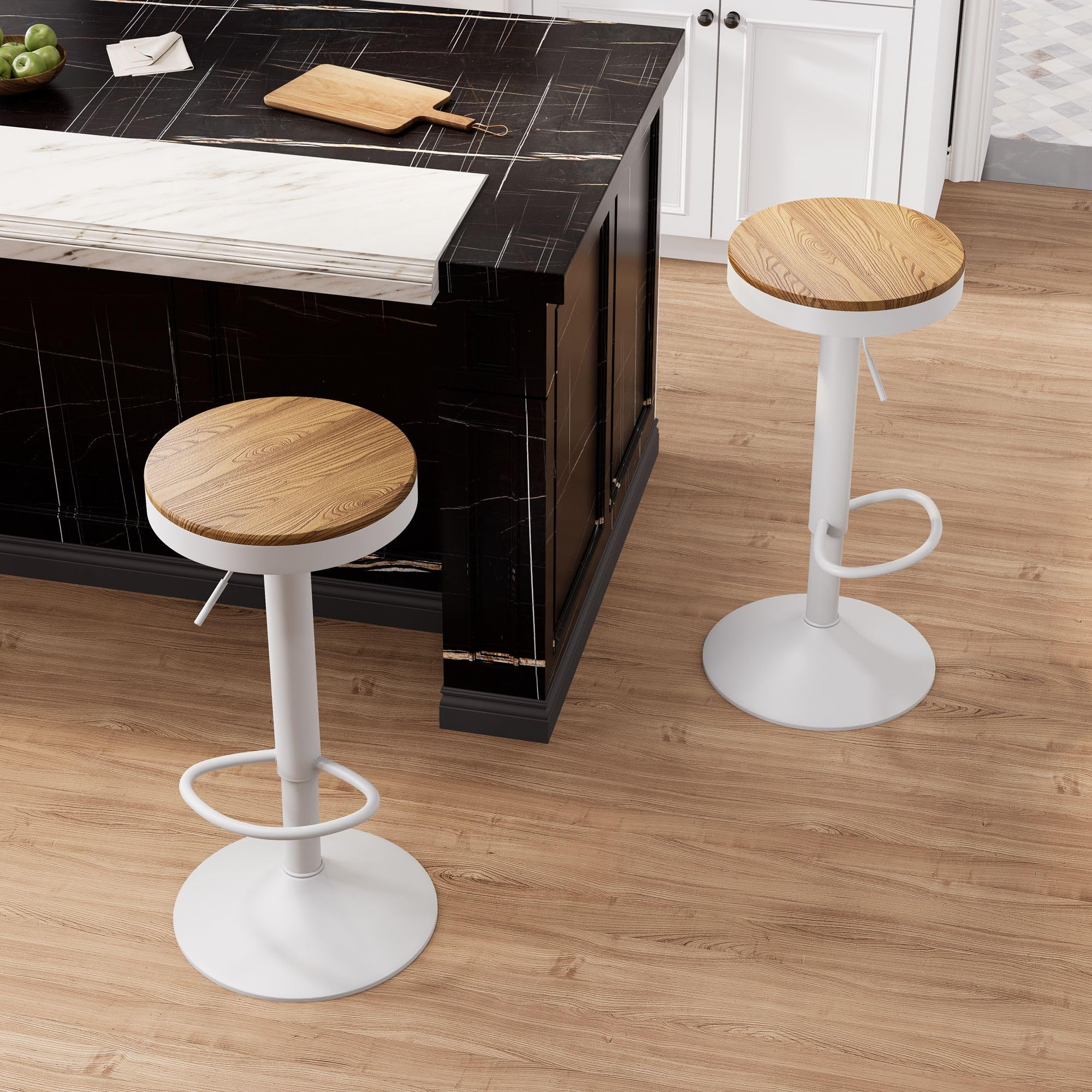 YOUNIKE Taburetes de Bar de Madera Juego de 2, Altura Regulable y Giratorio 360° con Reposapiés, Silla Aalta para Bar Cocina, Ensamblaje Fácil, Blanco
