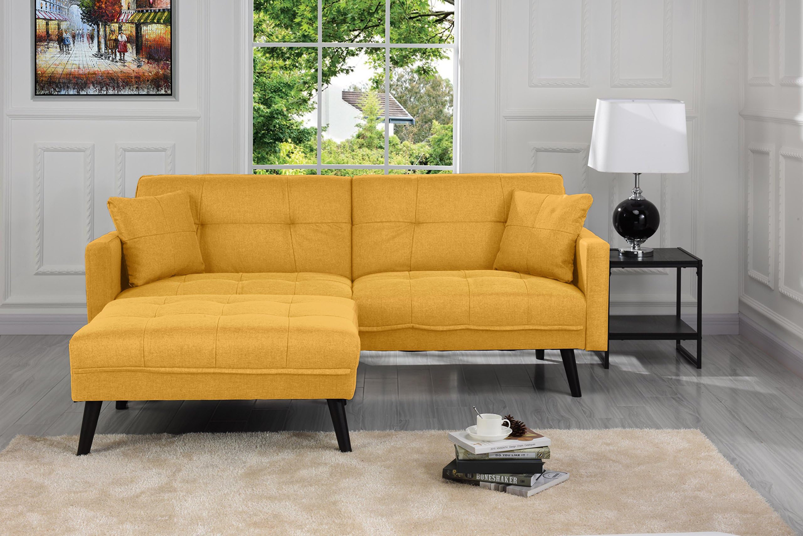 Sofamania Mid-Century Modern Linen Fabric Futon, Small Space Living Room Couch (Yellow)