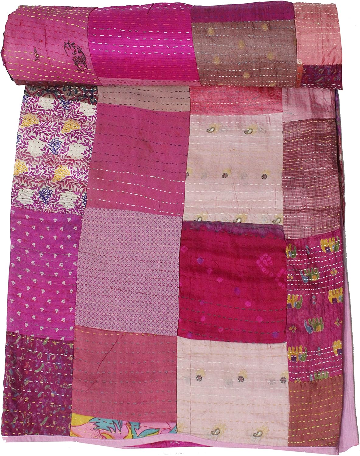 Mango Gifts Traditional Indian Silk Patola Quilt Queen Size 86" X 106"inches Kantha Stitch Bedspread and Bed Cover and Raill (Beige)