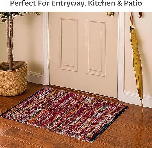 Miniatura 109 de Alfombra de trapo 100% algodón de 2 x 3 pies, lavable multicolor, alfombra Chindi tejida a mano y reversible para sala de estar, cocina, entrada