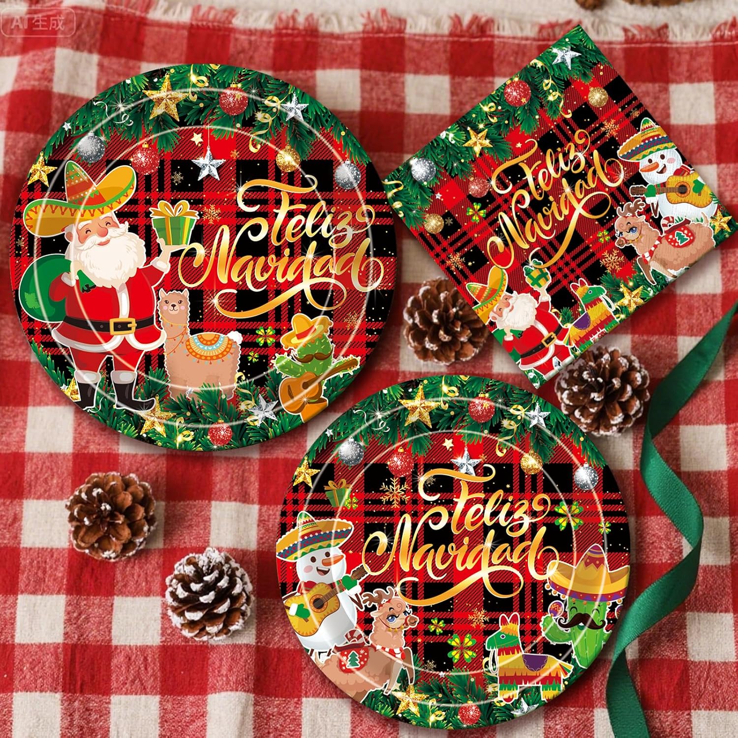 Feliz Navidad Party Decorations - 96 Pcs Mexican Christmas Tableware Set Plates Napkins Forks Disposable, Spanish Christmas Paper Fiesta Santa Taco Decor Supplies for Table Serve 24 Guests
