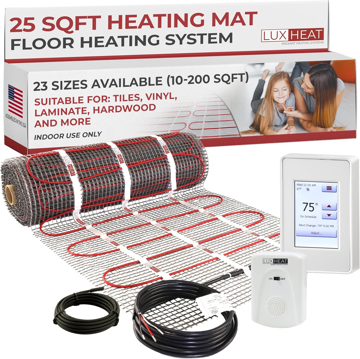 luxheat 25sqft floor heating mat kit laid out for tile and laminate