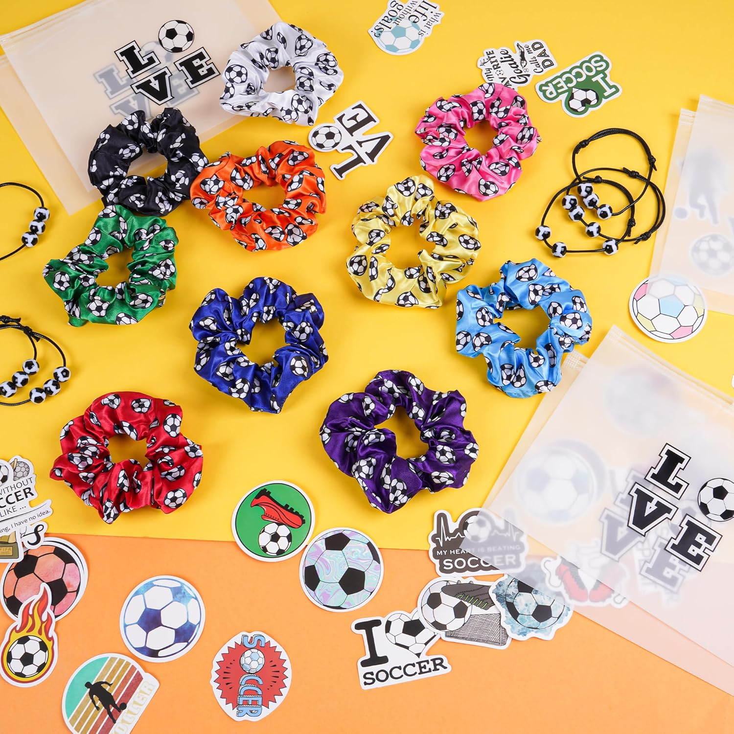 160 Pieces Soccer Team Gifts for Women with Soccer Scrunchies Hair Ties, Makeup Bag,Stickers for Sports Party Supplies