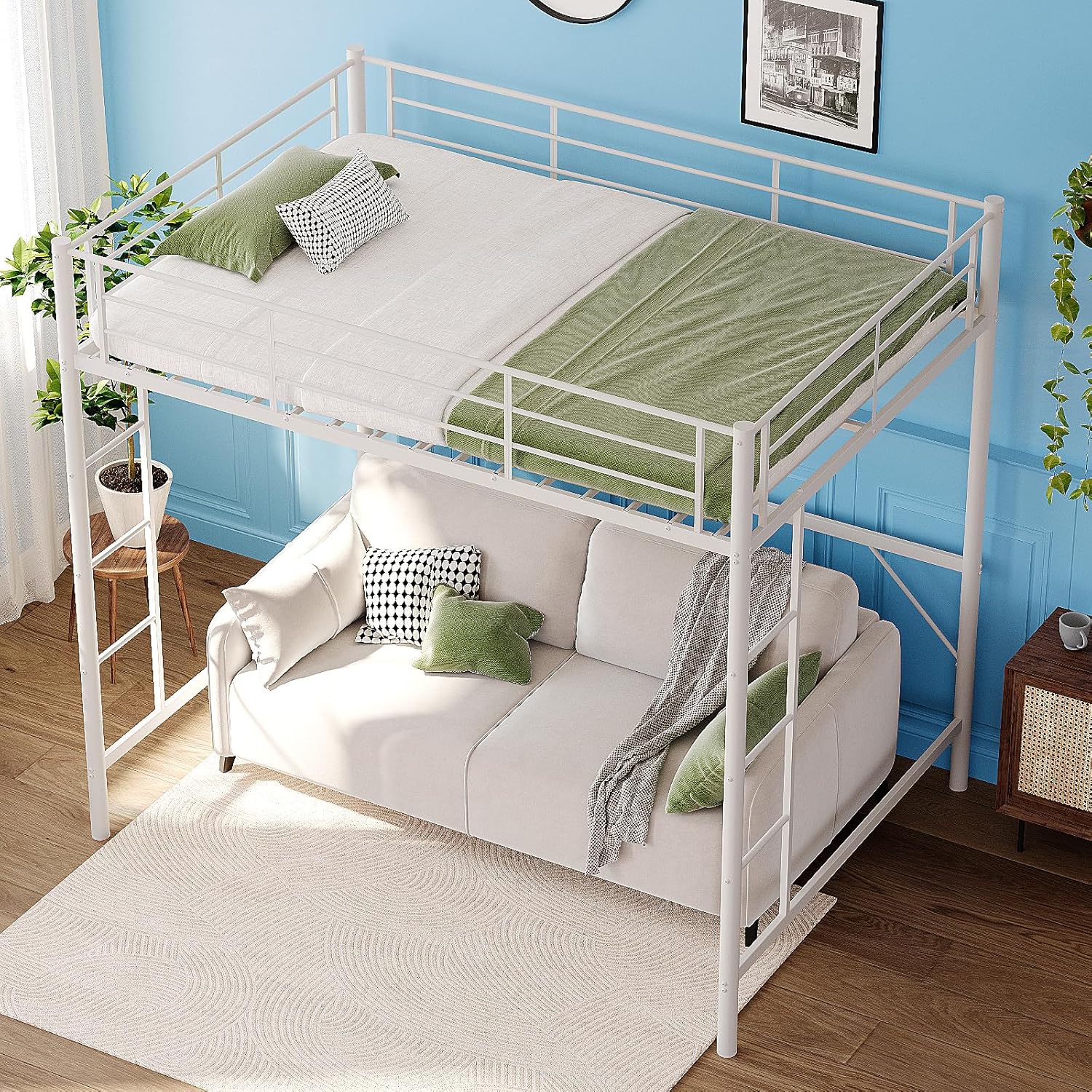 Loft bed with a sofa placed underneath, demonstrating space utilization