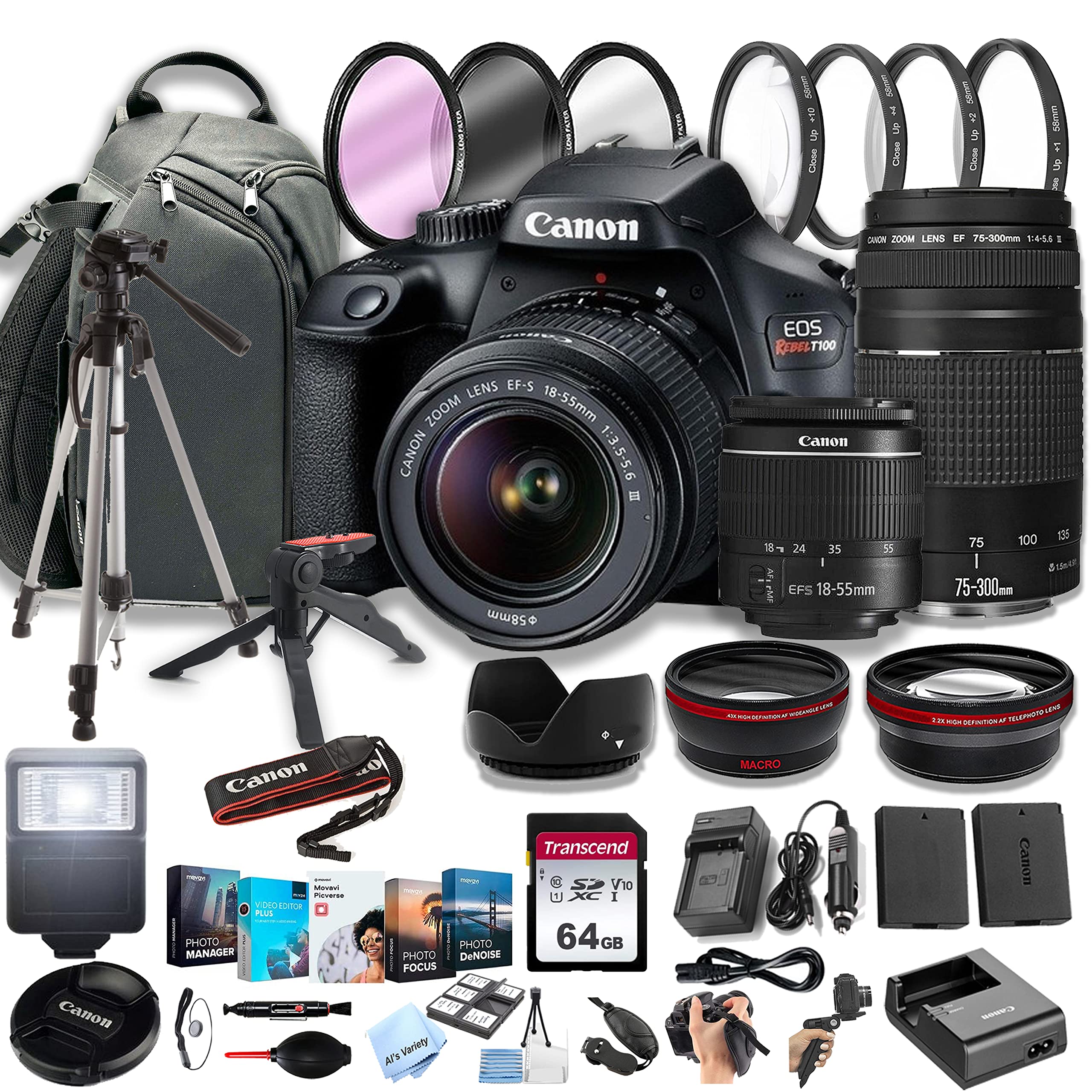 Canon EOS Rebel T100 DSLR Camera w/EF-S 18-55mm F/3.5-5.6 Zoom Lens + 75-300mm F/4-5.6 III Lens+ 64GB Memory Cards, Professional Photo Bundle (42pc Bundle) (Renewed)