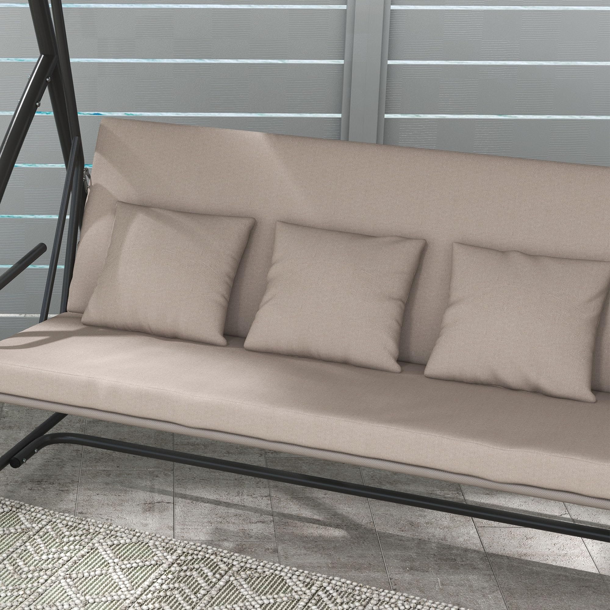 Outsunny Columpio de jardín de 3 plazas, Columpio de jardín Convertible para Exteriores, Techo abatible Ajustable, cojín de Asiento y Respaldo, 4 Almohadas, Gran Confort, 218 x 120 x 168 cm, marrón