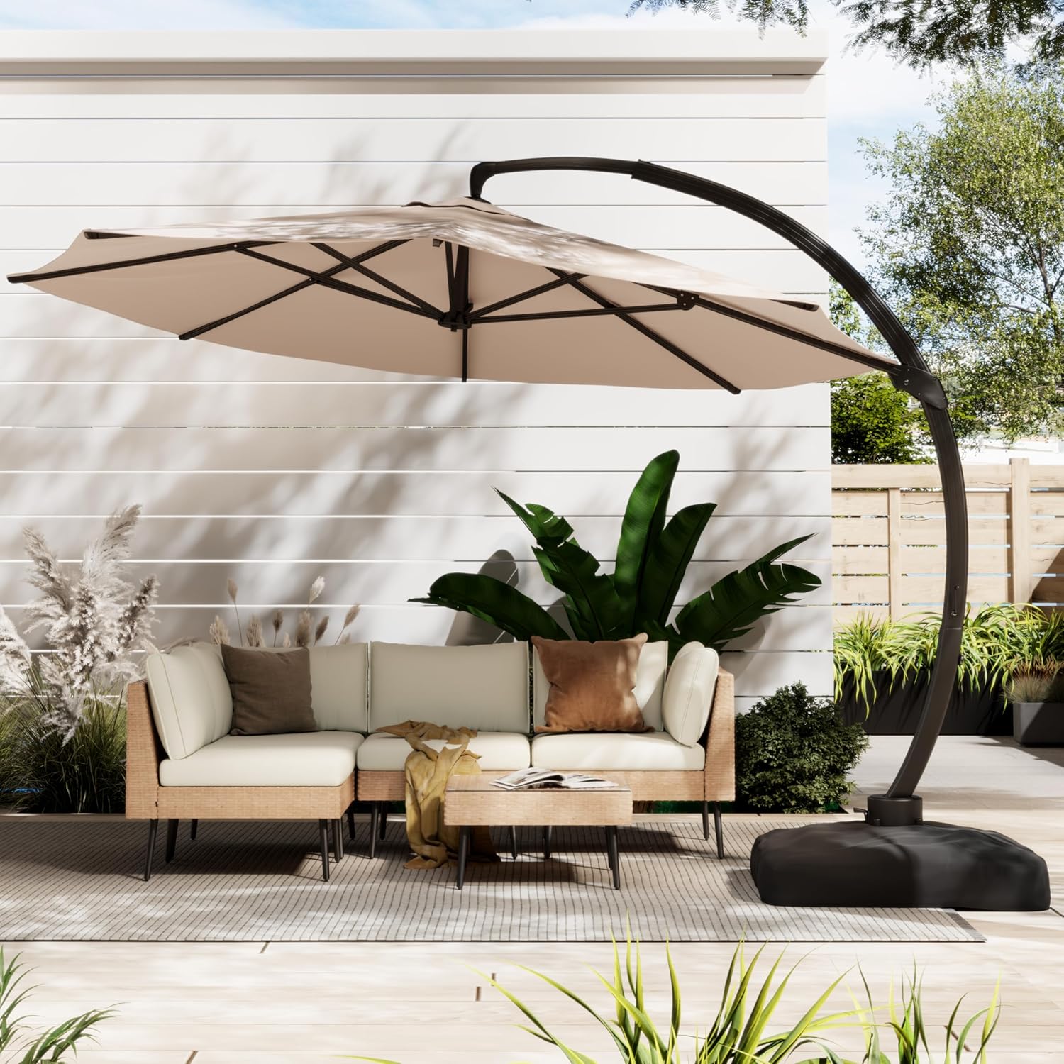 ENSTVER 11FT Cantilever Patio Umbrella With Base Included, Round Large Aluminum Outdoor Cantilever, Heavy Duty Offset Umbrella with 360°Rotation for Pool, Deck, Backyard, Garden(Khaki)