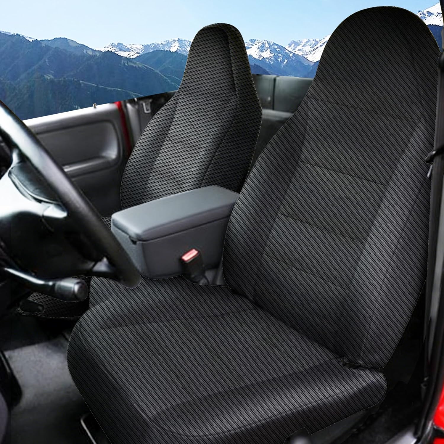 2Pcs 60/40 Split Bench Seat Covers for Ford Ranger XLT 1998 1999 2000 2001 2002 2003 Front Sand Mesh Fabric High Back Design Without Console Opening in Black