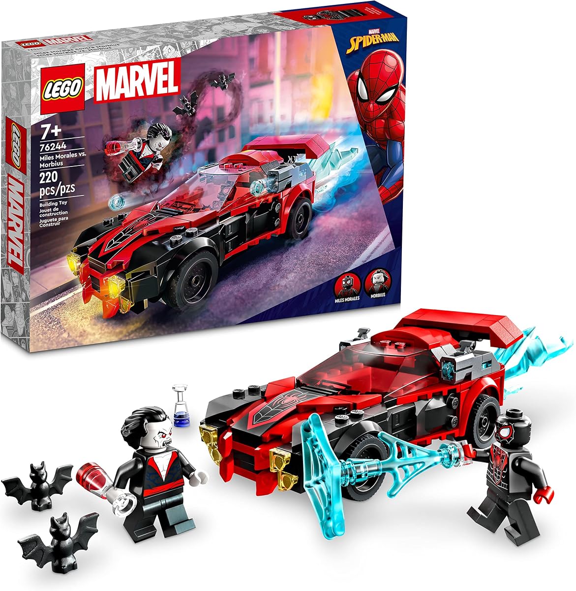 LEGO Marvel Spider-Man Miles Morales vs. Morbius 76244 Juguete de construcción: incluye auto de carreras y minifiguras de acción, aventuras en el Spiderverse, set inspirado en la película, diversión para niños, niñas y niños