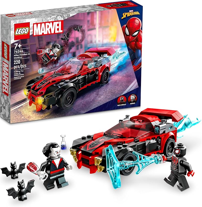 LEGO Marvel Spider-Man Miles Morales vs. Morbius 76244 Juguete de construcción: incluye auto de carreras y minifiguras de acción, aventuras en el Spiderverse, set inspirado en la película, diversión para niños, niñas y niños