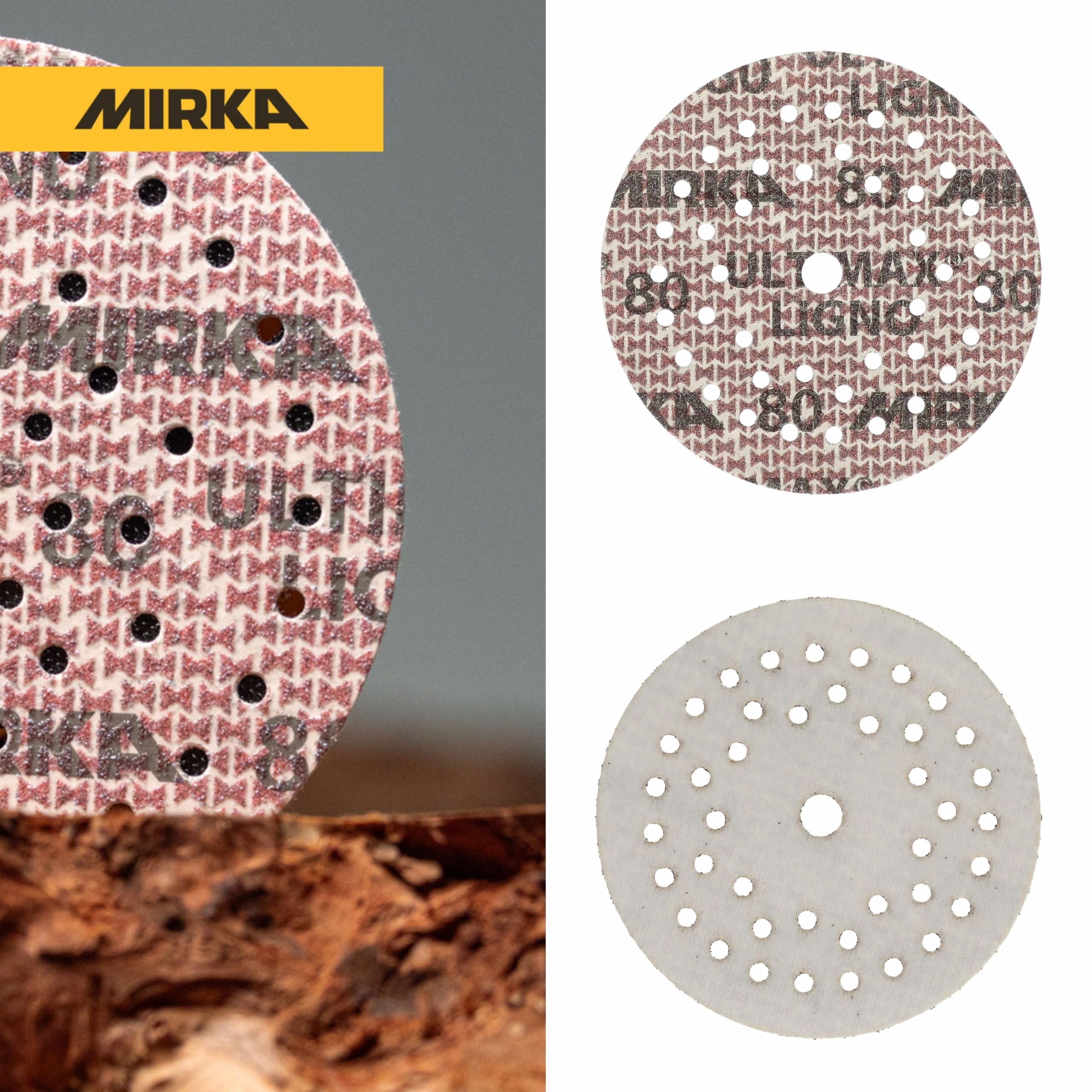 Mirka tarcze szlifierskie Ultimax Ligno 125 mm rzep Multifit | Tarcze szlifierskie z ziarnem 80 do drewna z multiperforacją kompatybilne z szlifierkami mimośrodowymi i oscylacyjnymi