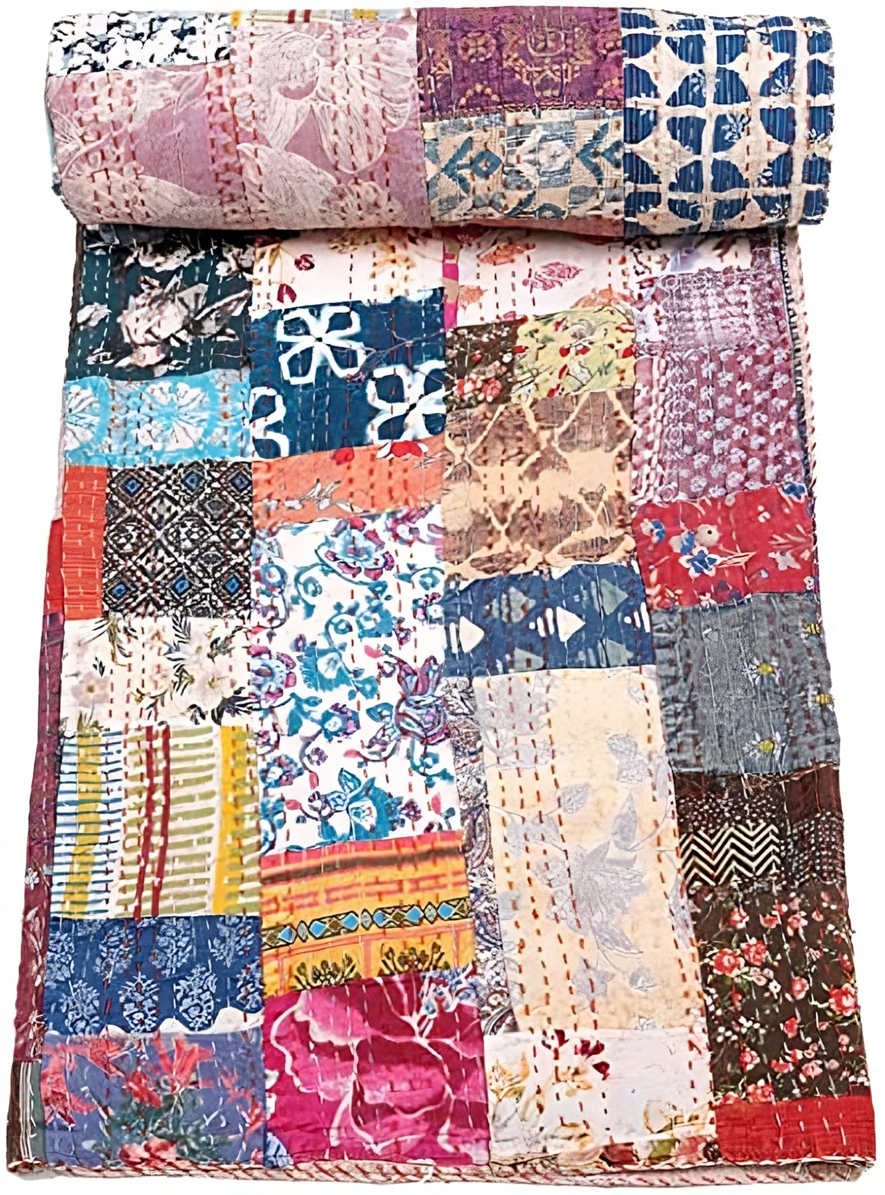 AIVIK Cotton Jaipuri Handmade Multicolour Patched Kantha Quilt, Bed Sheet, Bedcover Quilt King Size, Bed-Cover Throw and Cotton Blanket(90x108)-image-35
