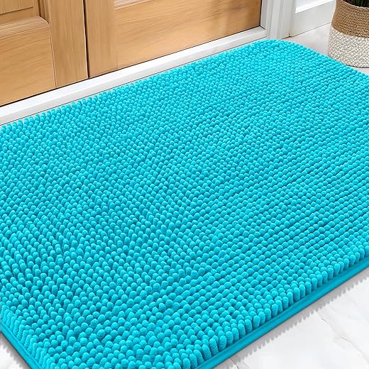 OLANLY Dog Door Mat for Muddy Paws 34x21, Absorbs Moisture and Dirt, Absorbent Non-Slip Washable Doormat, Quick Dry Chenille Mud Mat for Dogs, Entry Indoor Entryway Carpet for Inside Floor, Aqua Blue