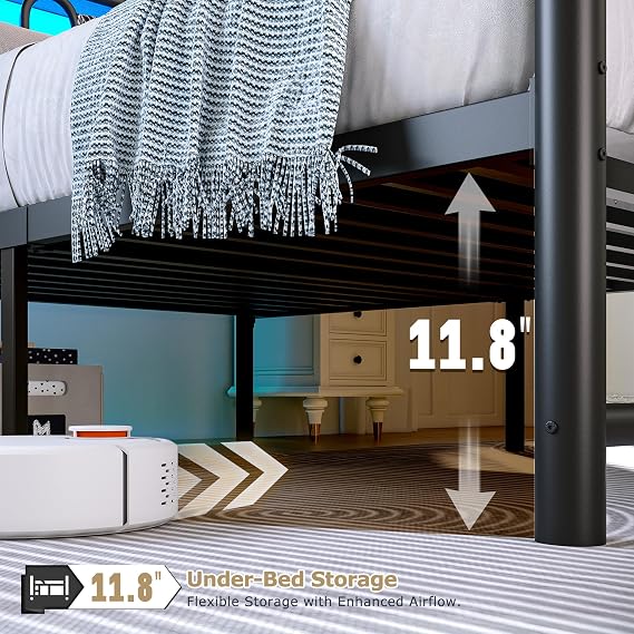Homkdom Metal Twin Bed Frame with LED Storage Headboard,Black