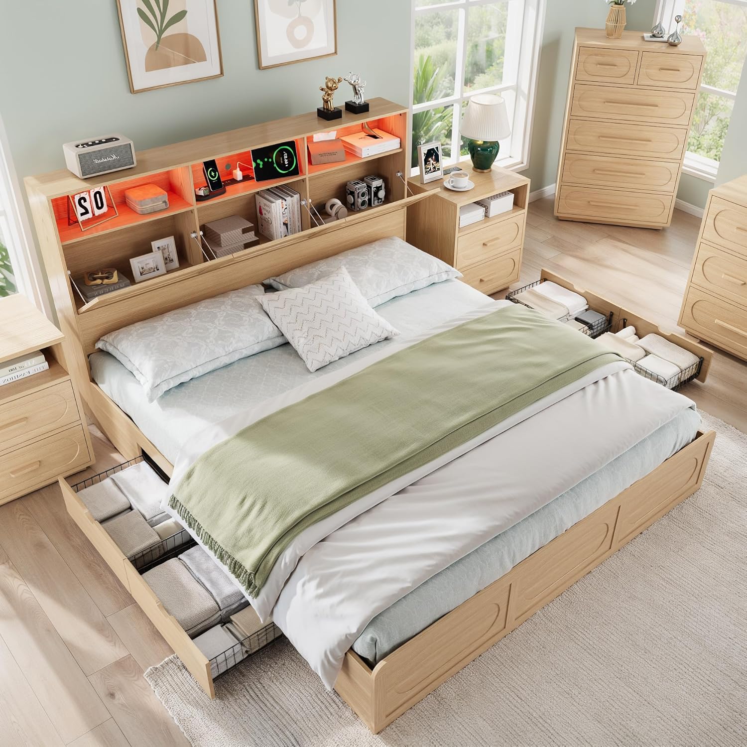 King Size Bed Frame, King Wood Bed Frame with 48" Storage Headboard & 4 Storage Drawers, Built-in Charging Station & LED, Solid Wood Slats, Noiseless, No Box Spring Needed, Natural Oak