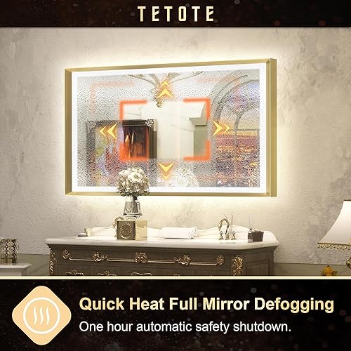 Miniatura 6 de TETOTE Espejo de baño LED de 48 x 30 pulgadas con luces con marco de metal dorado, luz delantera y trasera, espejo de tocador barroco, antivaho sin
