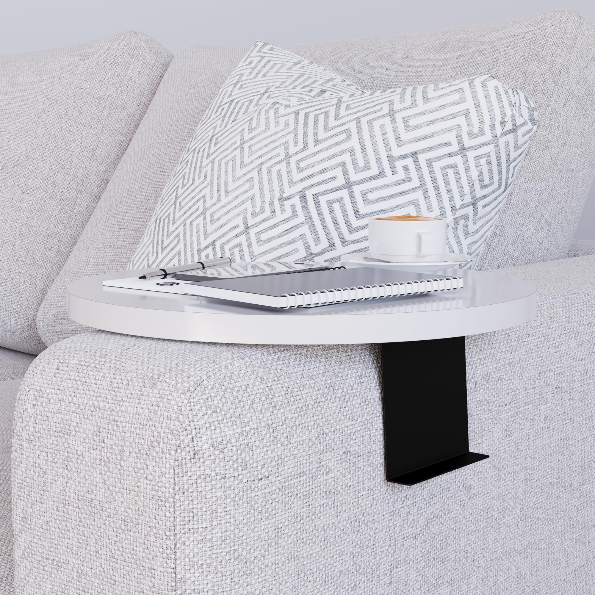 [en.casa] Tavolino Bracciolo per Poltrona Divano Piano Rotondo Ø34 cm Supporti Regolabili in Larghezza Vassoio da Appoggio Tavolino Laterale Divano - Bianco