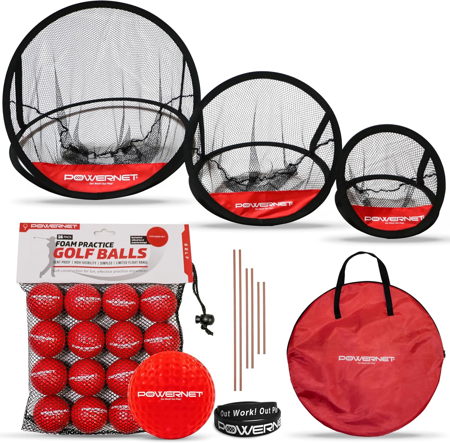 PowerNet Golf Chipping Bundle, Three Piece Golf Chipping Net Set or Set with 16 Foam Balls, Play Golf Chipping Game with Real or Practice Golf Balls, Portable Golf Accessories for Backyard Games