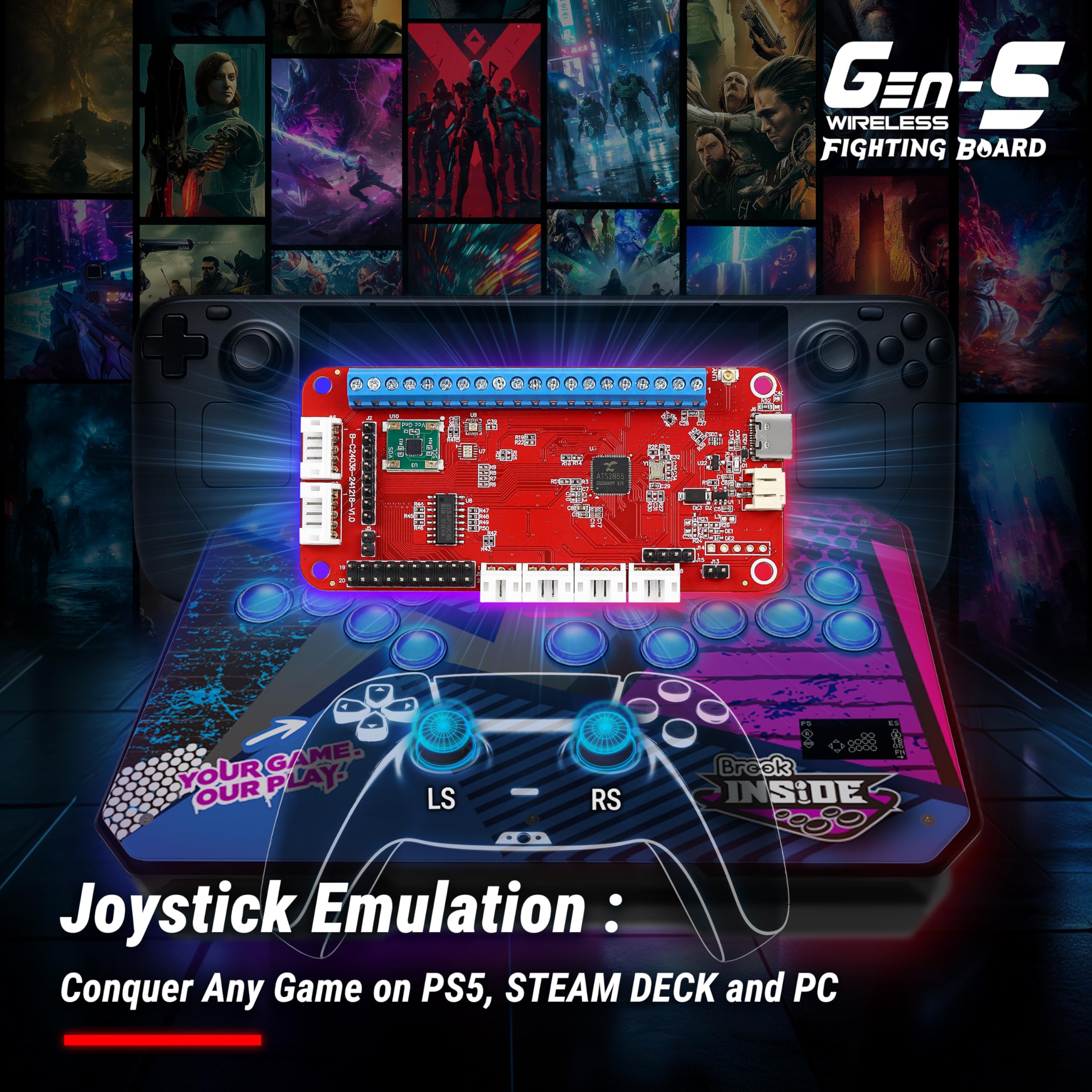 Brook Gaming Gen5W Fighting Board - Scheda controller wireless compatibile per P5, PC e Steam Deck | Latenza ultra bassa | Personalizzazione Turbo, macro e RGB (versione esclusiva)