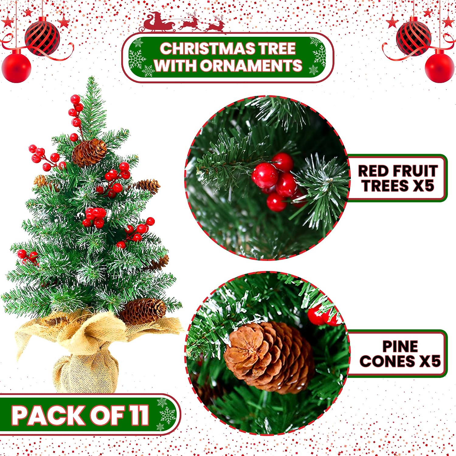 KatchOn, Flocked Burlap Base Christmas Tree - 18 Inch | Table Top Christmas Tree with Berries, Pine Cones for Christmas Table Decorations | Small Christmas Tree for Christmas Decorations for Home