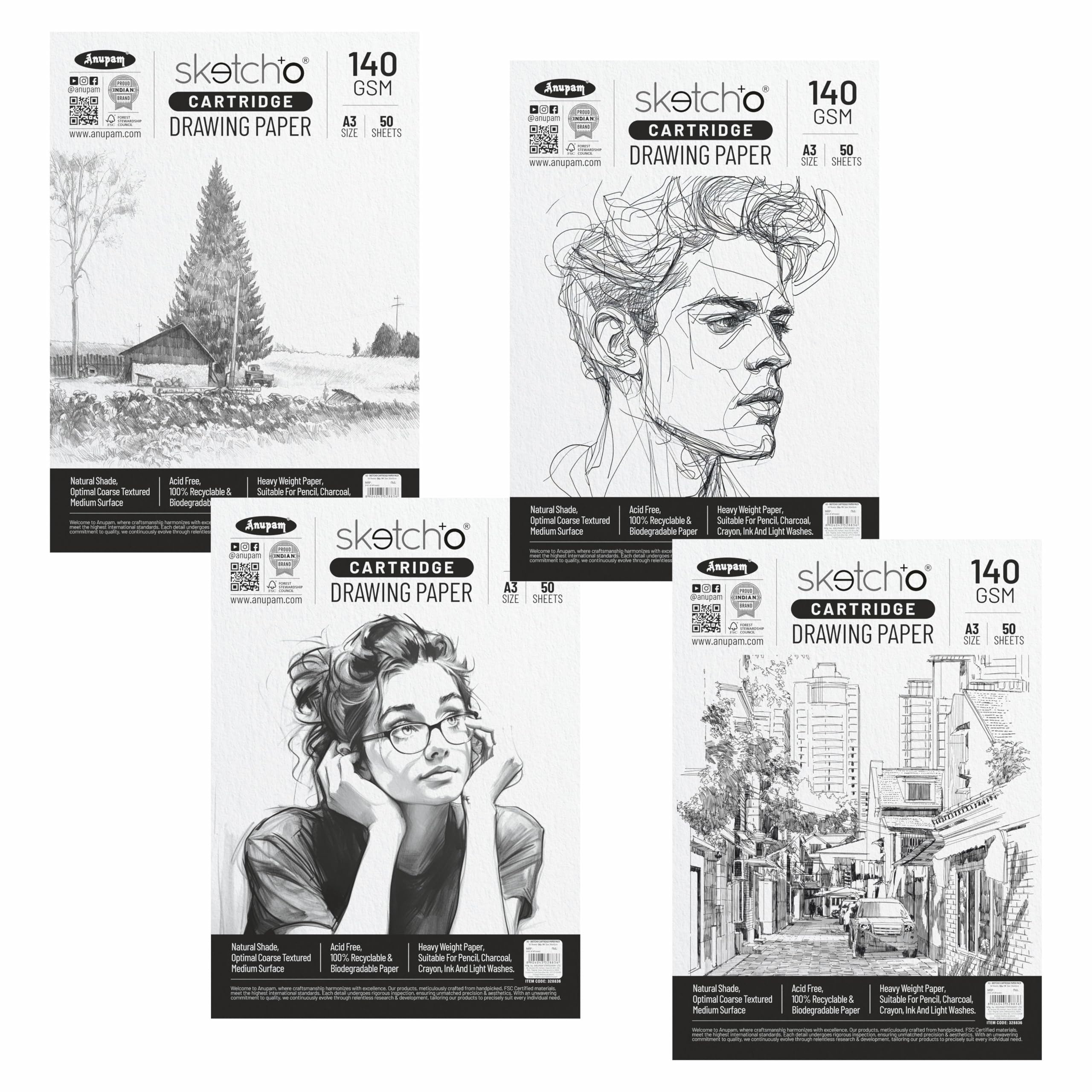 Anupam SketchO Sketching & Drawing Paper A3 | 50 Sheet 100 Pages | 140 GSM Sheet for Pencil, Charcoal, Graphite, redchalk Pastel, Chalk, Oil Pastel & Wax Crayon for Artist's & Amateurs - Image 7 thumbnail