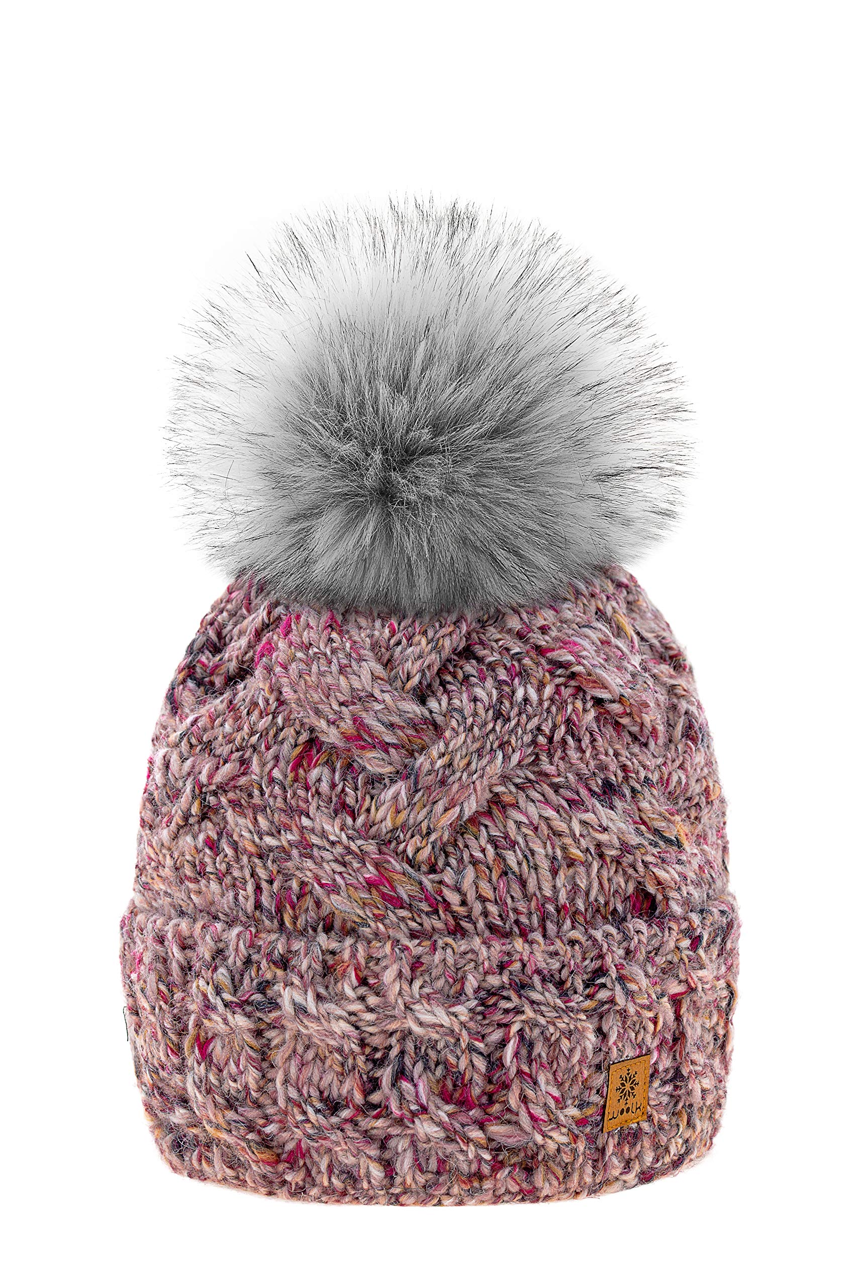 Mfaz Morefaz Ltd Women's Gaja Rose Pink Winter Hat Alpaca Wool Beanie Hat Worm Knitted Hats Fleece Lining Pom Pom (Gaja Rose Pink)