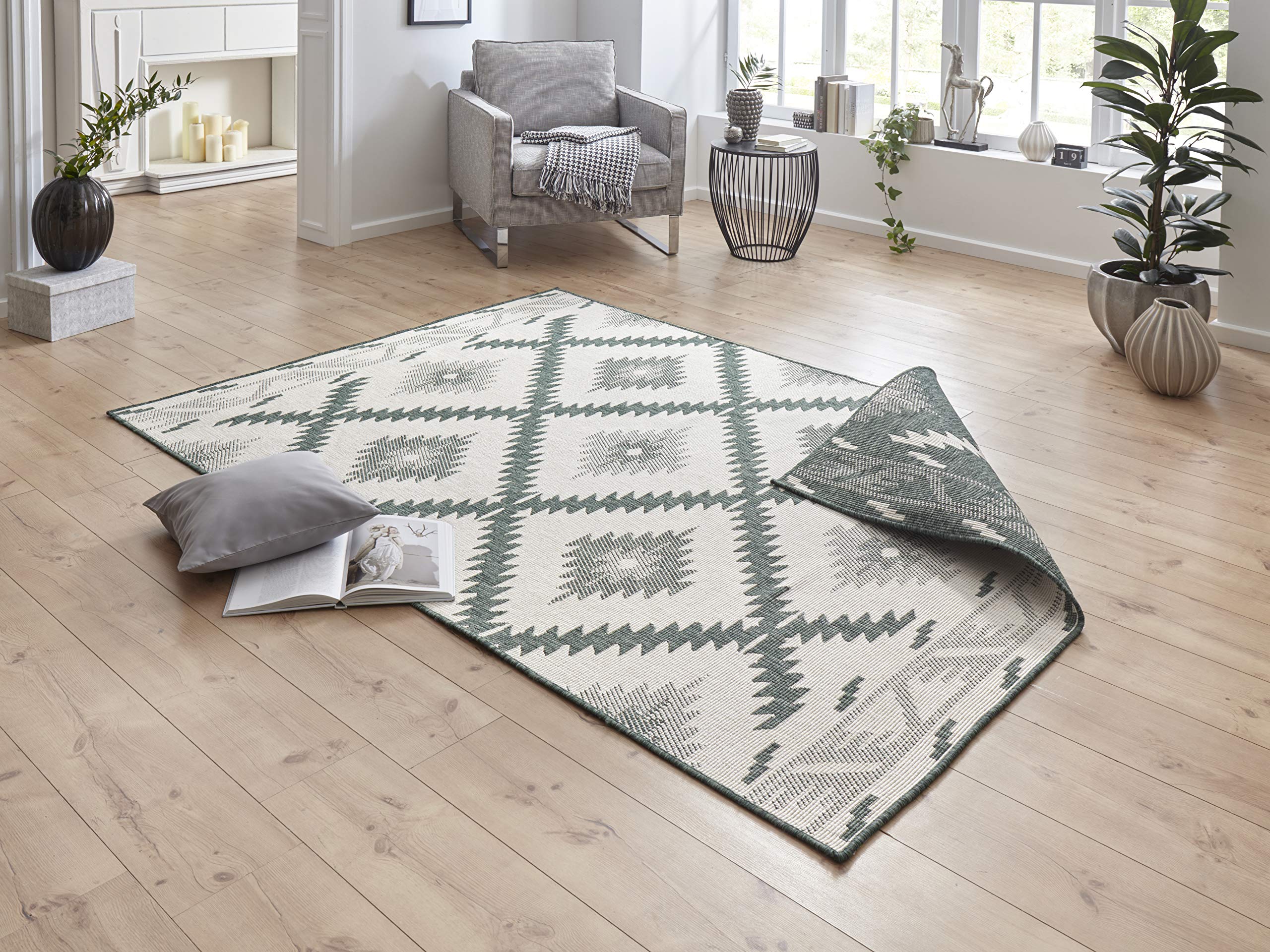 The Rugs Green Malibu Reversible Indoor-Outdoor Rug - Polypropylene Diamond Flatweave In | Size: 120Cm X 170Cm