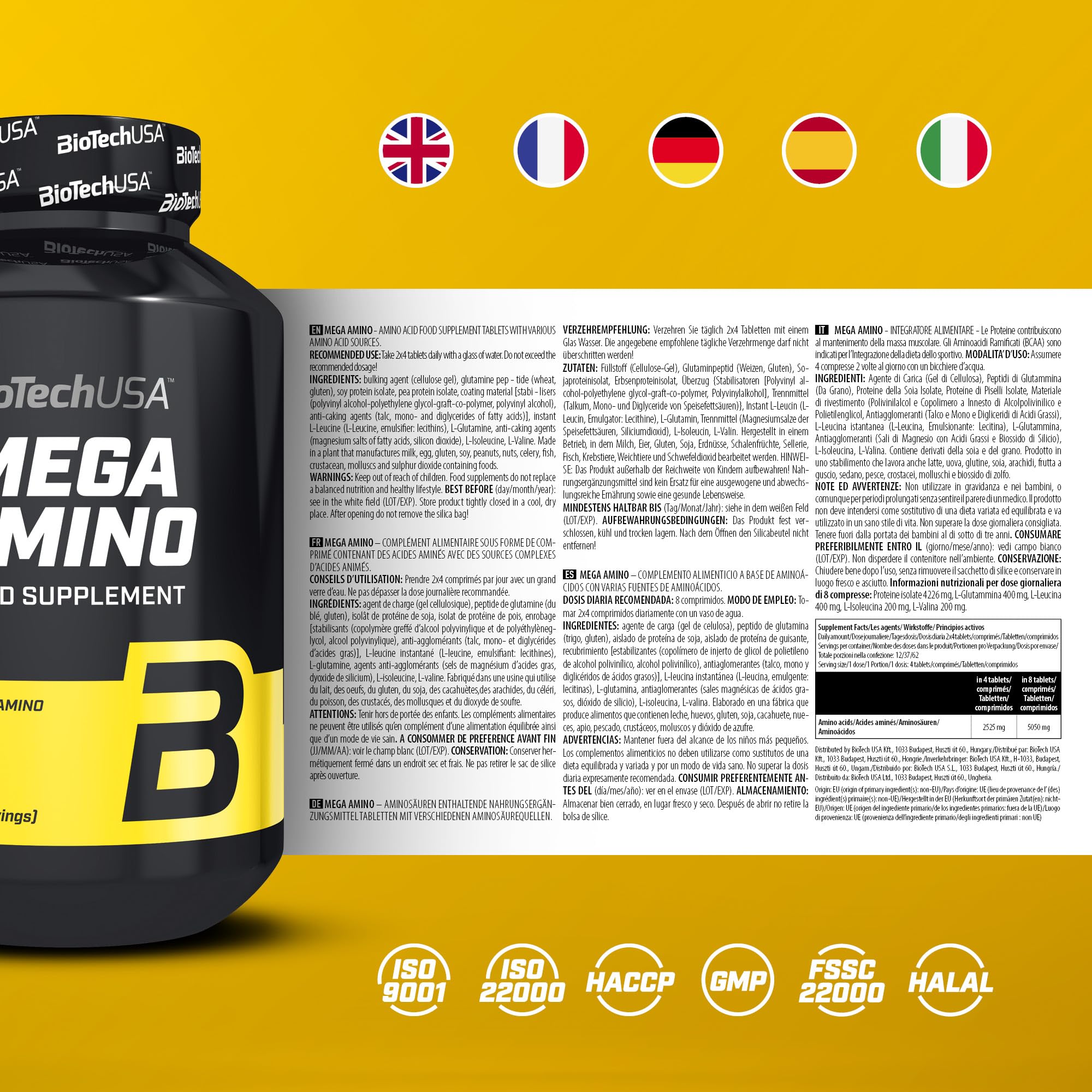 BioTechUSA Mega Amino, Integratore alimentare in compresse contenenti aminoacidi, 500 compresse