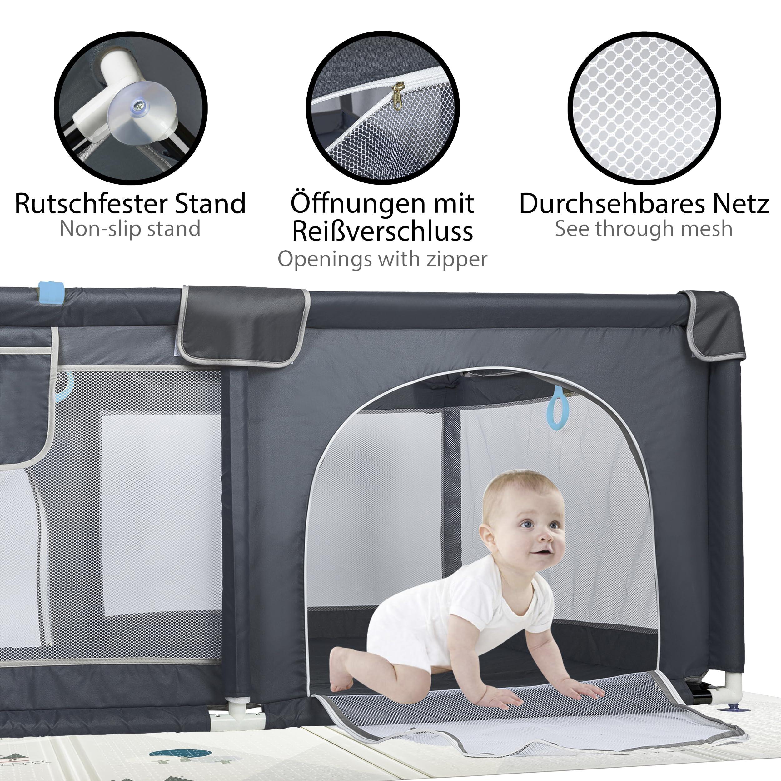 ONVAYA® Laufgitter mit Faltbarer Spielmatte und Insektenschutznetz | Laufstall für Babys 120 x 160 cm | Schutzgitter für Kinder | Rechteckiges Krabbelgitter | Absperrgitter | Babyzaun