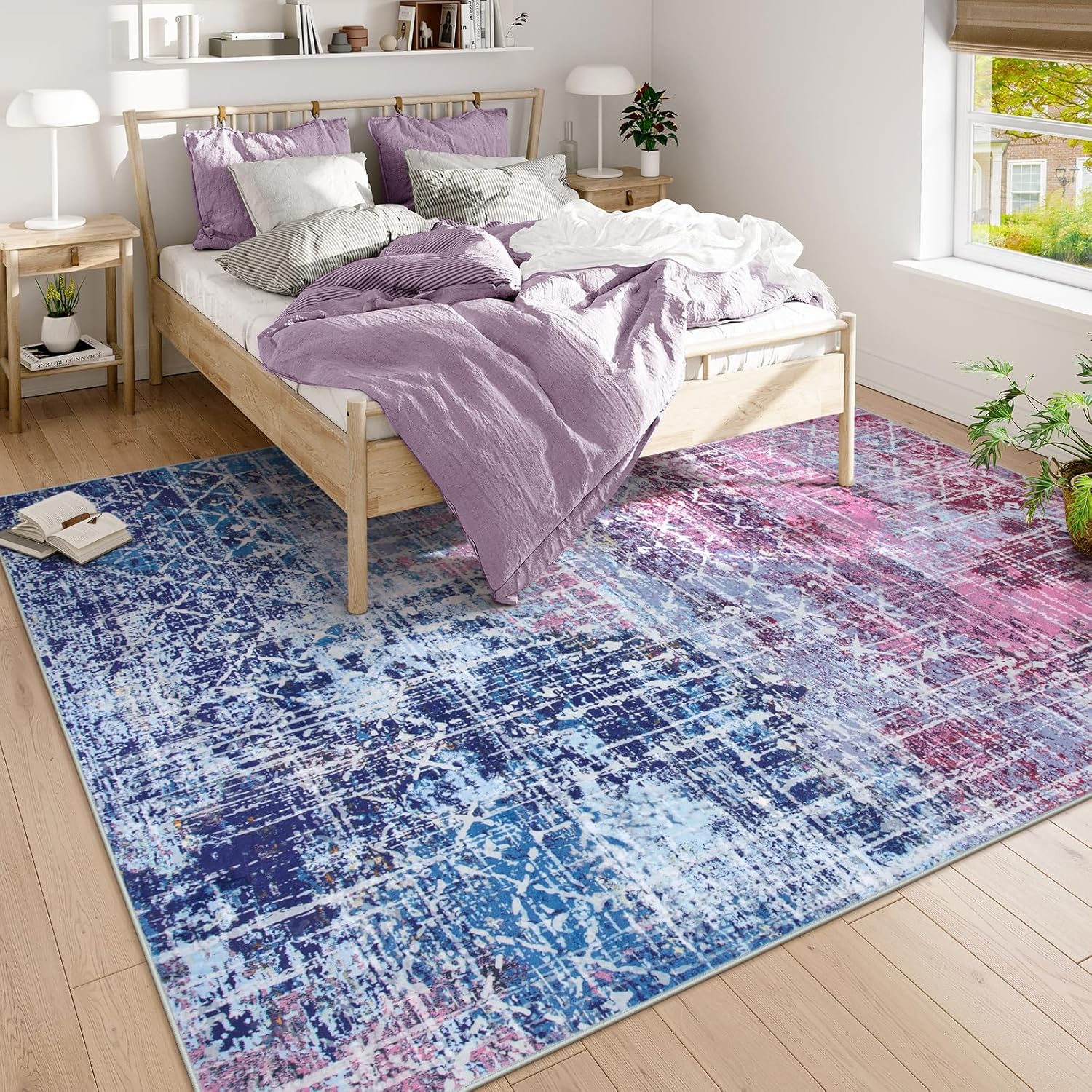 abstract boho blue pink rugs for bedroom girls kids, washable 8x10 area rug for living dining room, colorful preppy non slip modern pastel carpet for nursery girls room playroom (8 x 10) 8' x 10' (rectangular) pink