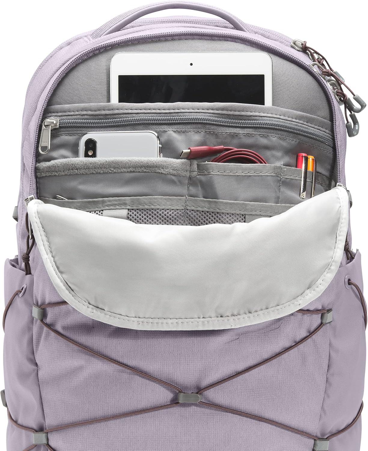 purple and gray north face backpack